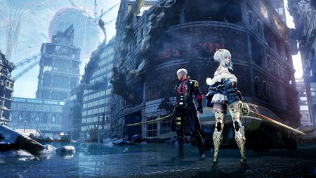 Code Vein 2 promotional art featuring the protagonist and partner Lou amidst a destroyed, waterlogged city